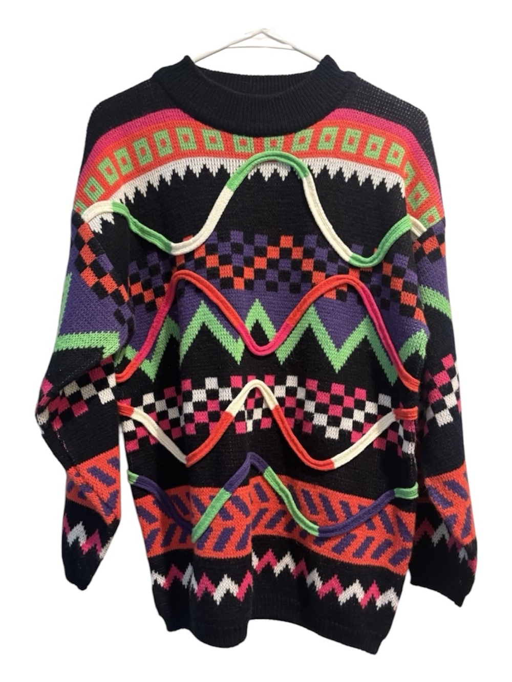 Black Multicolor Geometric Crewneck Sweater